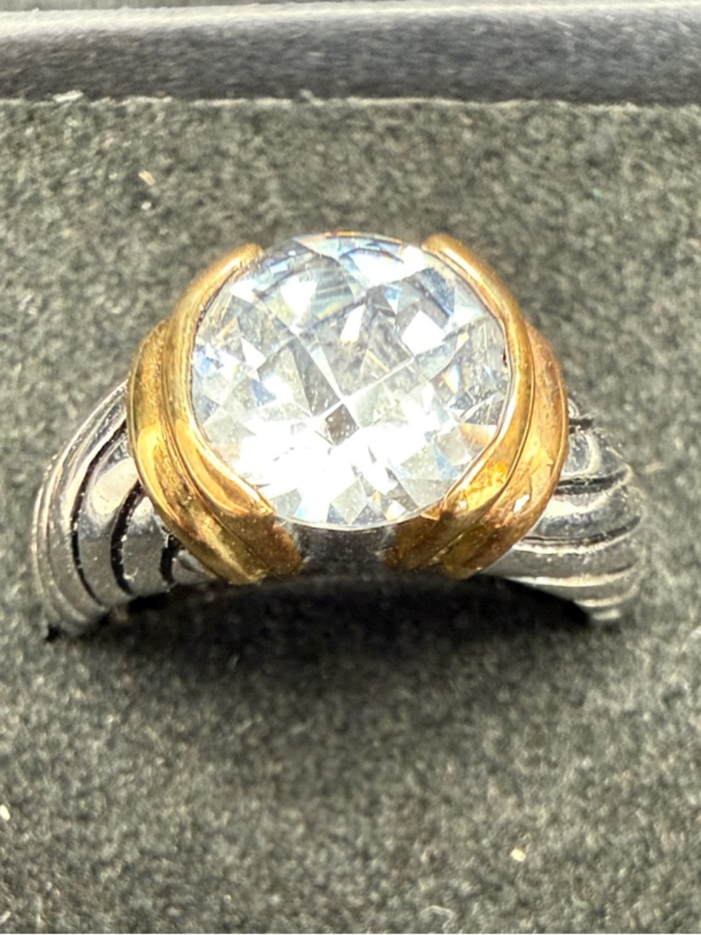 Source Unknown Silver and Gold Ring with Clear Crystal Size 9 18KGE
